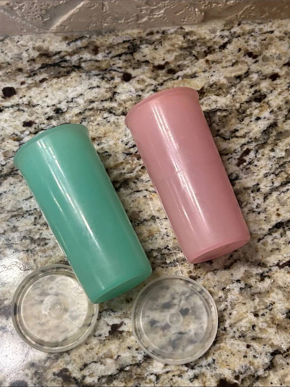 Vintage Tupperware Pink and Teal Tall Storage Cups with Lids